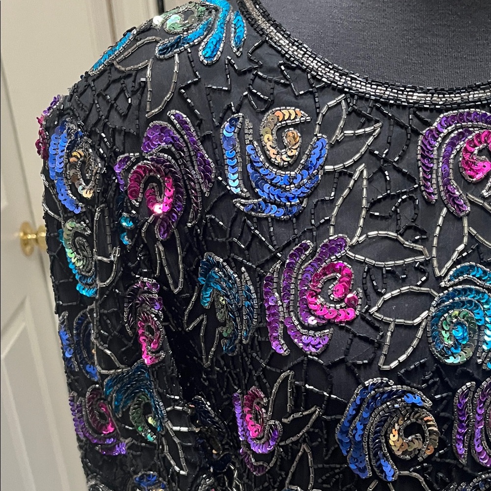 Vintage 80’s Laurence Kazar Multicolor Black 100% Silk Sequin Top Extra Large - Picture 6 of 7